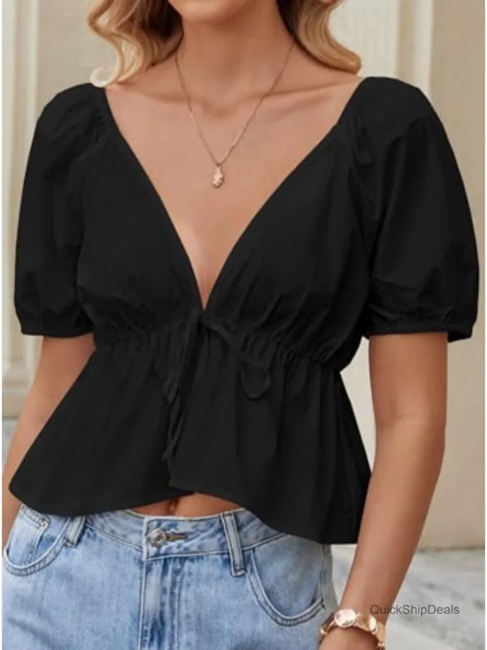 Deep V Neck Peplum Crop Top Ruffle Hem Puff Short Sleeve Blouse